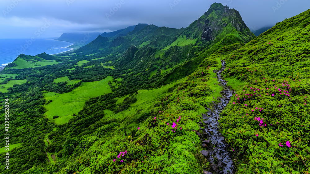 Fototapeta premium Lush green island mountain trail, ocean view, hiking path, floral scenery, travel photography