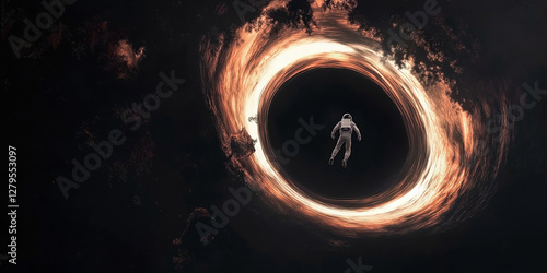 Astronaut Floating in the Darkness of Space Toward a Black Hole