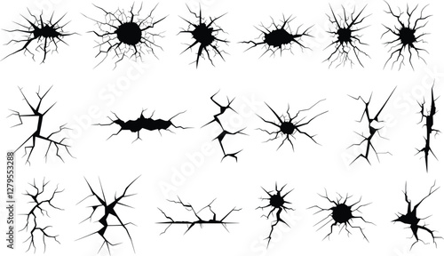 Vector set of black cracks and holes in the wall or ground effects on white background