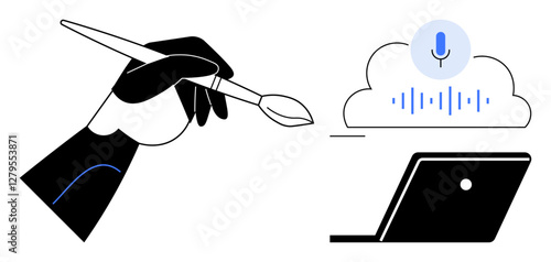 A hand holding a paintbrush next to a laptop with a voice recognition icon in a cloud. Ideal for creativity, technology, innovation, digital transformation, artistic expression, human-machine