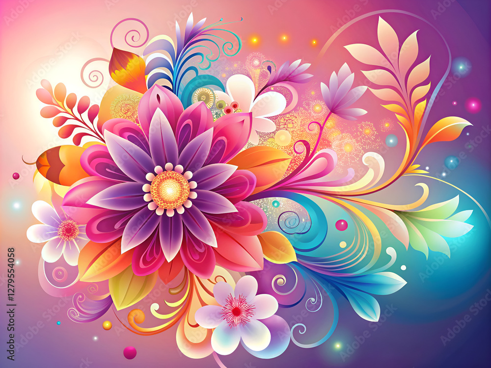 Obraz premium Vibrant floral vector design with abstract swirls and colorful spring flowers