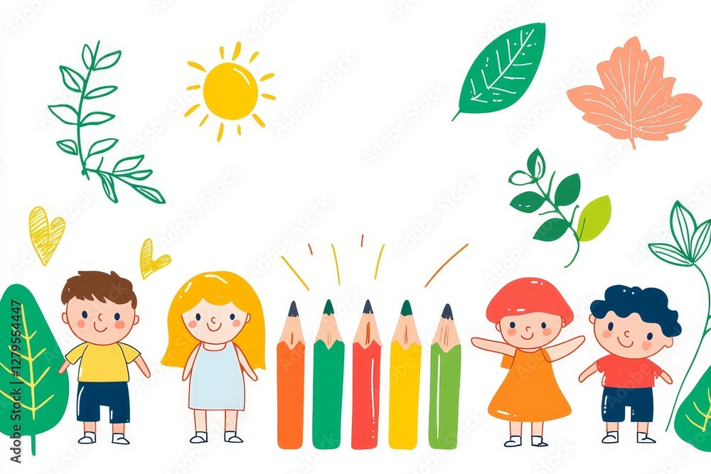 Playful children engaging in art activities in a colorful classroom setting whimsical illustrations of nature Playful children engaging in art activities in a colorful classroom setting whimsical illustrations of nature