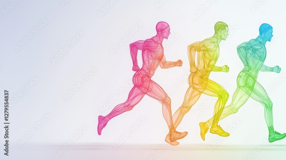 Fototapeta premium Dynamic running figures illustrate motion modern art gallery digital artwork minimalist environment side view concept of movement
