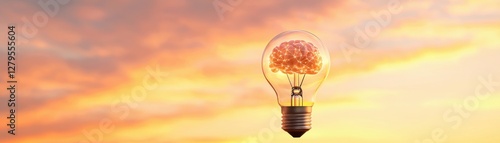 Light Bulb with Brain Concept Representing Creativity and Innovative Ideas Against a Beautiful Sunset Sky