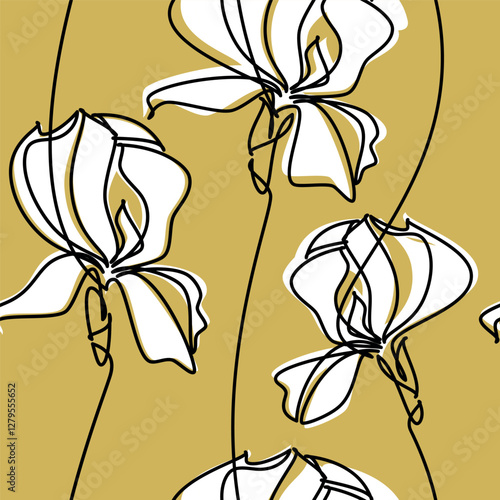 Abstract hand drawn illustration. White iris flower seamless pattern vector. Outline yellow botanical backdrop. Line continuous wallpaper, cartoon background, fabric, textile, minimal print
