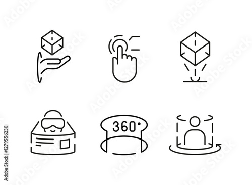 Virtual Reality icons. Set of 6 virtual reality trendy minimal icons. VR headset, AR goggles, 360 view, simulation icon. Design signs for web page, mobile app, packaging design. Vector illustration