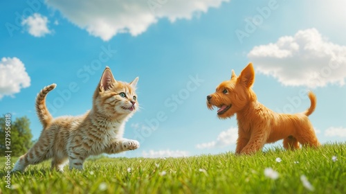 Curious cat and energetic dog playing in sunny meadow with blue sky and clouds