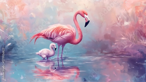 Pastel illustration of pink flamingo and chick in tropical lagoon with soft colors