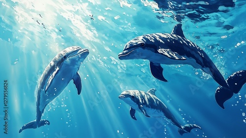 Dolphins swimming together in blue ocean with bright sunlight reflections
