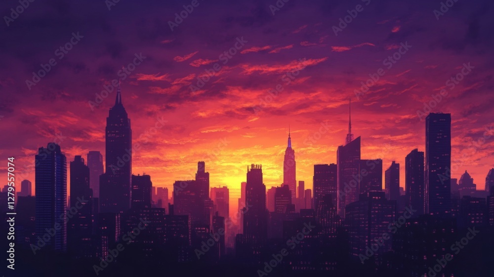 Fototapeta premium City Skyline Sunset. Urban Silhouette. Vivid Sky. Background Setting. Stock Photo