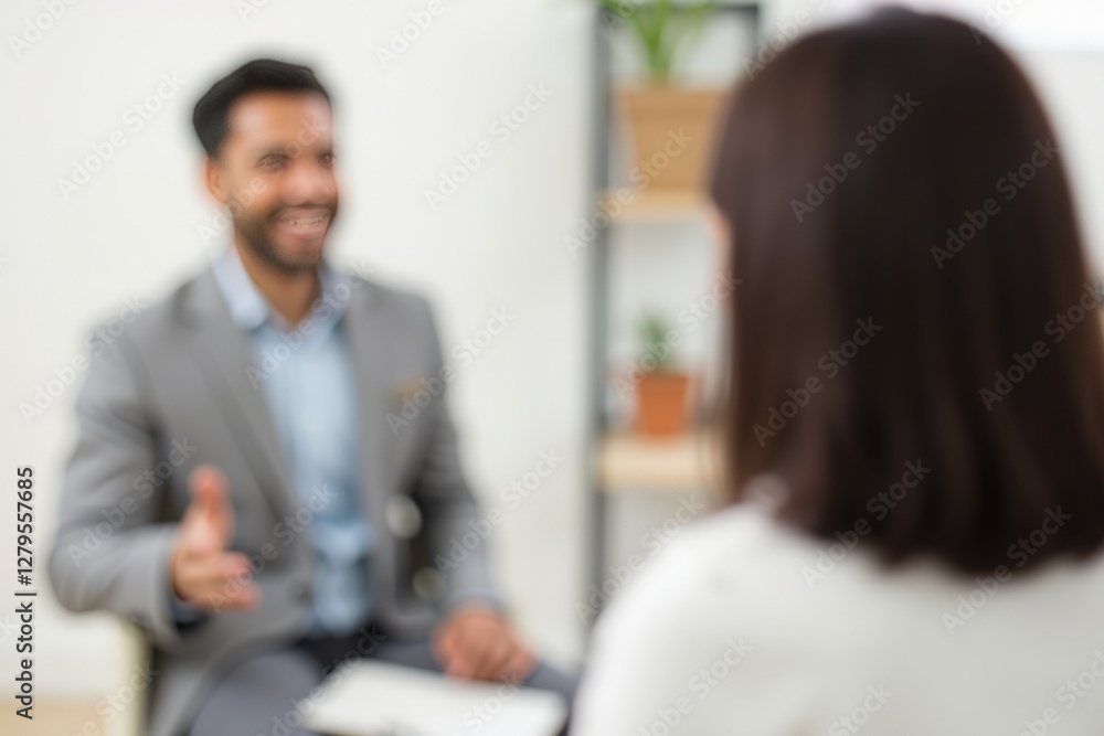 Fototapeta premium Professional and Engaging Business Meeting Between a Male Consultant in a Suit and a Female Client in a Modern Office Setting, Fostering Collaboration and Innovative Ideas