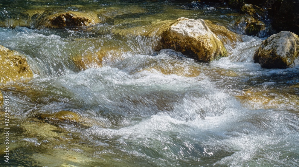Clear flowing stream over rocky riverbed in sunny day with crisp details Clear flowing stream over rocky riverbed in sunny day with crisp details