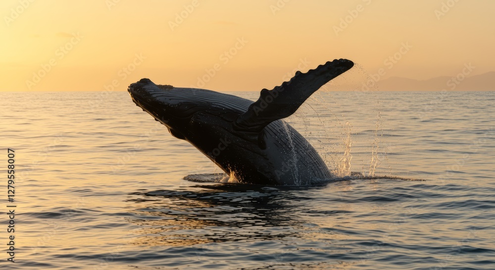 Fototapeta premium Humpback Whale Breaching at Sunset: A Majestic Ocean Spectacle