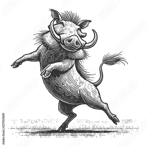 Dancing warthog standing on its hind legs in a dynamic pose, drawn in an engraved, woodcut style with fine details sketch engraving generative ai vector illustration. Scratch board. Black and white.