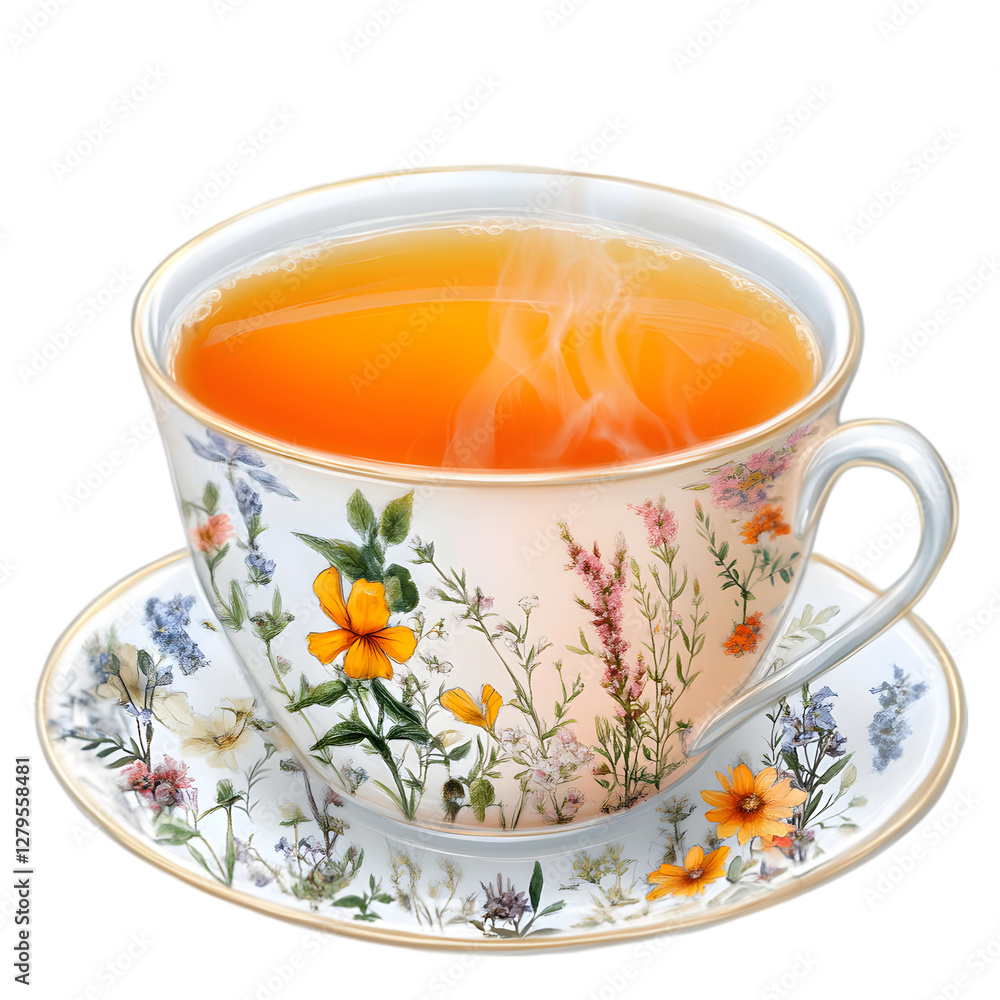 Steaming cup of herbal tea in a decorative floral teacup on a tranquil afternoon Steaming cup of herbal tea in a decorative floral teacup on a tranquil afternoon