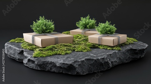 Gift boxes with greenery on stone pedestal photo