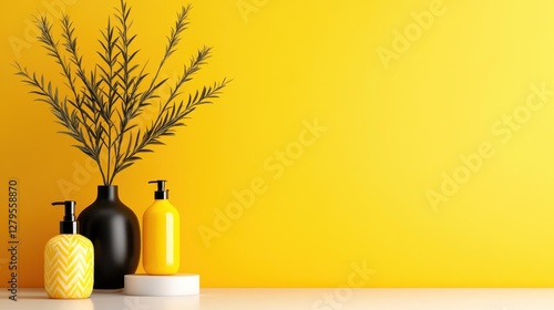 A chic decor arrangement featuring black and yellow bottles with a plant, providing a minimalist yet modern ambiance that adds warmth to any space. photo