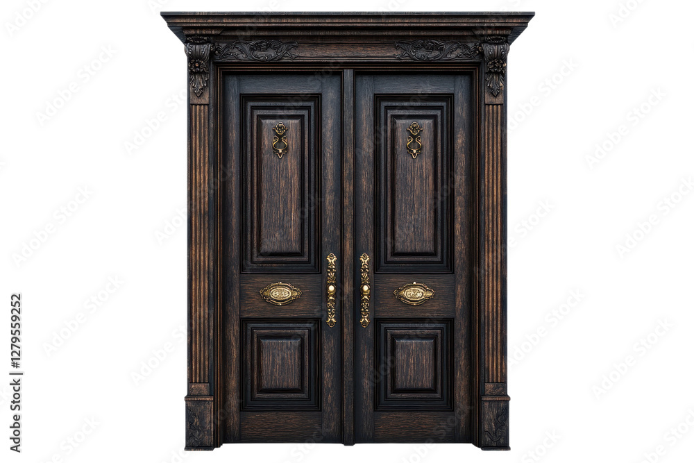 Elaborate Dark Wood Double Door with Intricate Carvings and Gilded Accents on Transparent Background Antique Wooden Entrance Exuding Timeless Elaborate Dark Wood Double Door with Intricate Carvings and Gilded Accents on Transparent Background Antique Wooden Entrance Exuding Timeless