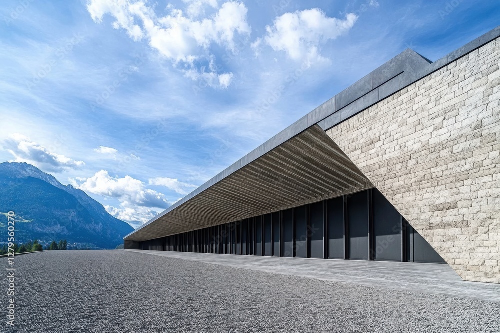 A low-angle shot of the roof of an art museum showcasing its geometric lines and sharp edges against a blue sky with scattered clouds Generative AI A low-angle shot of the roof of an art museum showcasing its geometric lines and sharp edges against a blue sky with scattered clouds Generative AI