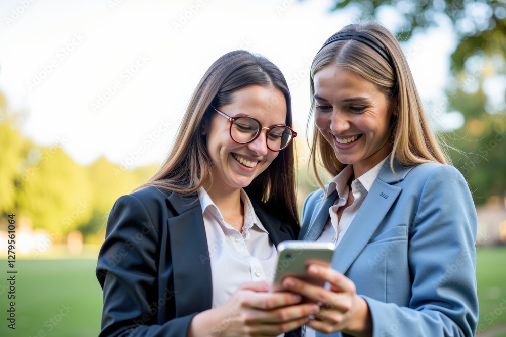 Two professional Caucasian women in their 30s smiling and engaging with a smartphone in a sunny park setting, exemplifying friendship and collaboration in a relaxed outdoor environment. Two professional Caucasian women in their 30s smiling and engaging with a smartphone in a sunny park setting, exemplifying friendship and collaboration in a relaxed outdoor environment.