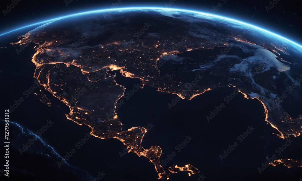 Earth viewed from space highlighting city lights and landmass at night over North America and parts of Central America Earth viewed from space highlighting city lights and landmass at night over North America and parts of Central America