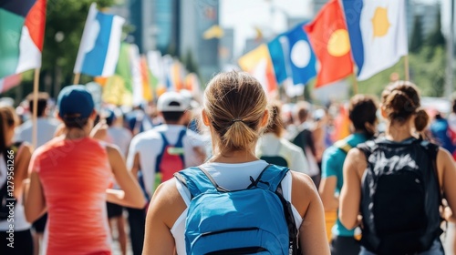 Crowds of People Marching with Flags in a Vibrant Urban Setting