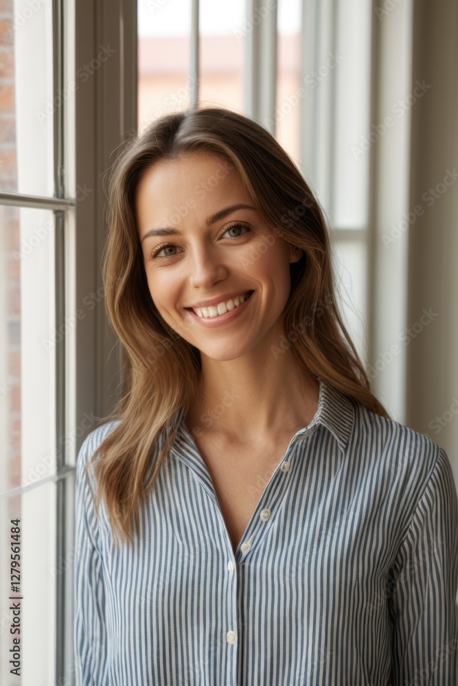 smiling woman in blue and white striped shirt standing by window