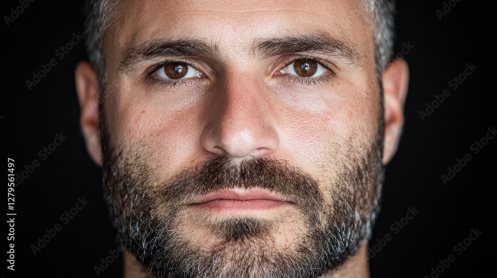 Obraz premium Serious man portrait, dark background, intense gaze, headshot