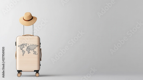 Travel essentials: stylish rolling suitcase and straw hat for summer adventures