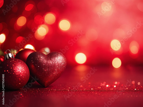 Red heart and ornaments set against glittering background ideal for romantic celebration