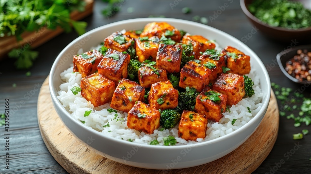 Spicy Tofu Rice Bowl, Broccoli, Cilantro, Dark Wood Table, Healthy Meal