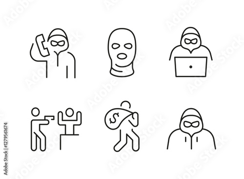 Crime icons. Set of 6 crime trendy minimal icons. Gun, Bomb, Incognito, Scammer, Injection, Knife, Handcuffs, Looting, Design signs for web page, mobile app, packaging design. Vector illustration
