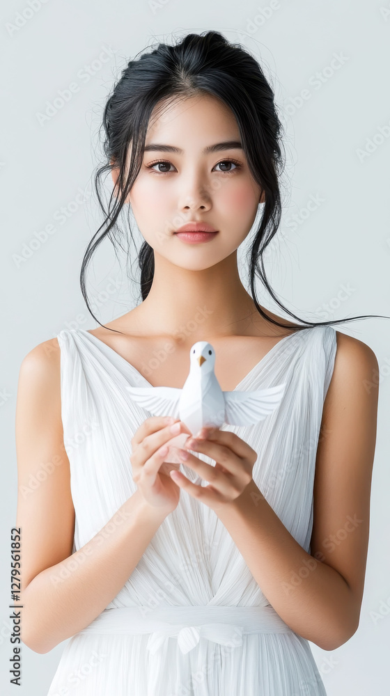Asian woman holding paper dove symbolizing peace and harmony in minimalistic setting Asian woman holding paper dove symbolizing peace and harmony in minimalistic setting
