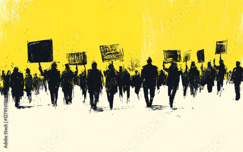 Minimalist illustration of a protest march with silhouetted figures holding placards, activism, social movement, political demonstration, public rally, abstract street artwork