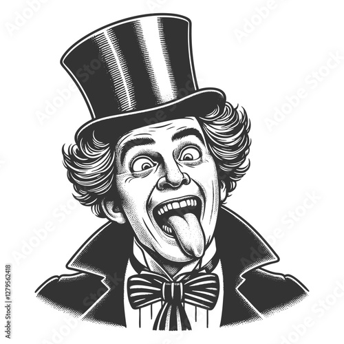 Silly stupid facial expression gentleman with curled mustache and top hat sticking out his tongue sketch engraving generative ai vector illustration. Scratch board imitation. Black and white image.
