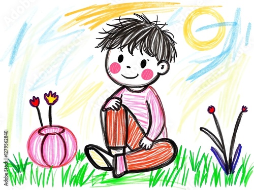 an image of a child sitting in the grass with a book, there is a drawing of a boy sitting in the grass photo