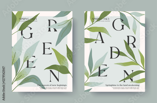 Spring elegant illustrations with green plants.Modern typography banner templates with fresh garden leaves.Creative seasonal backgrounds for holidays prints,invitations,promo offers,covers,greetings