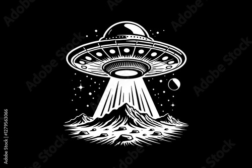 Rocket Launch Into Outer Space Black and White graphic design Illustration