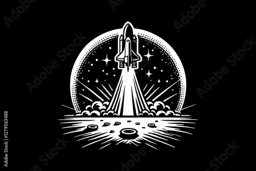 Rocket Launch Into Outer Space Black and White graphic design Illustration