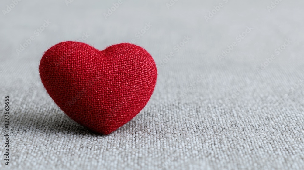 Fototapeta premium Red knitted heart symbol placed on a textured grey fabric surface with soft natural light.