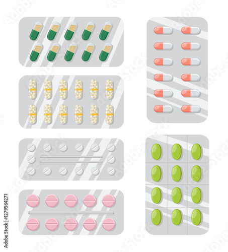 Pills flat icon isolated on white background. Vector illustration. Set of pills