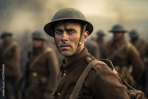 WW1 Soldier - First World War Military Portrait, Historical Army Uniform, Helmet & Rifle - Trench Warfare, History, Courage & Sacrifice. History book.


