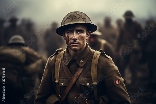 WW1 Soldier - First World War Military Portrait, Historical Army Uniform, Helmet & Rifle - Trench Warfare, History, Courage & Sacrifice. History book.

