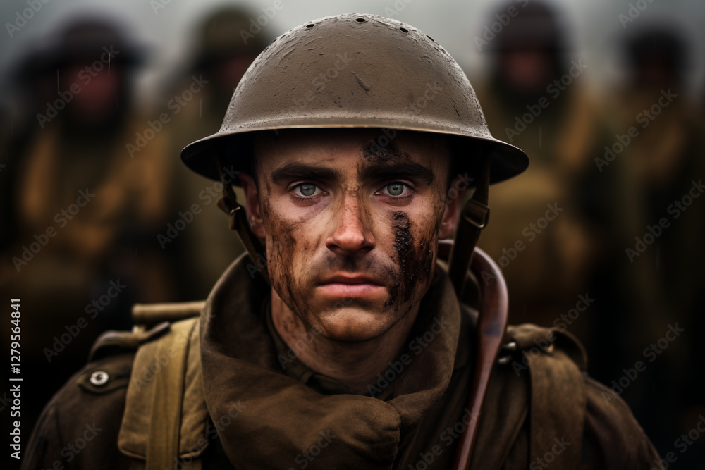 WW1 Soldier - First World War Military Portrait, Historical Army Uniform, Helmet & Rifle - Trench Warfare, History, Courage & Sacrifice. History book.
WW1 Soldier - First World War Military Portrait, Historical Army Uniform, Helmet & Rifle - Trench Warfare, History, Courage & Sacrifice. History book.
