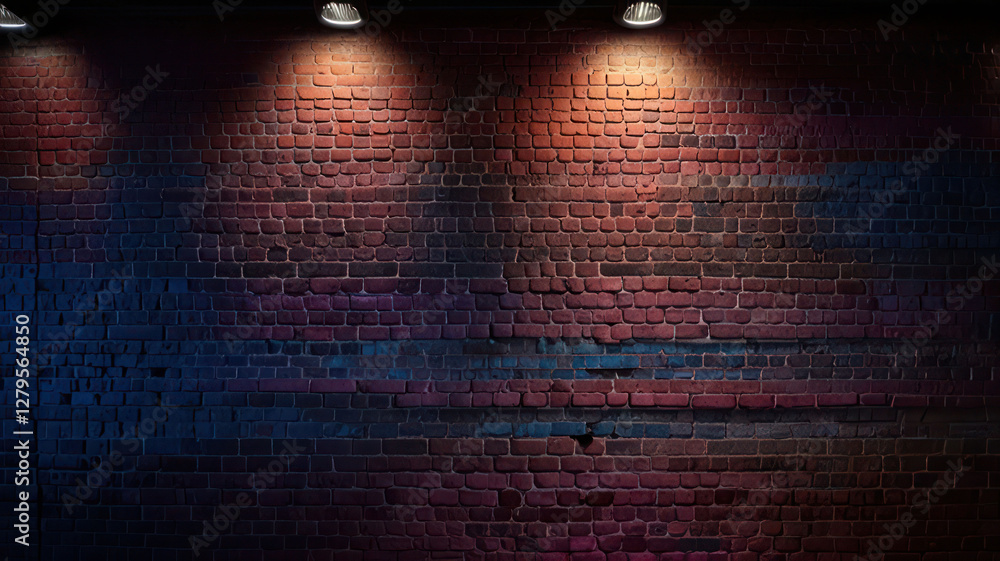 Fototapeta premium Brick Wall Illuminated By Pink And Blue Lights Background