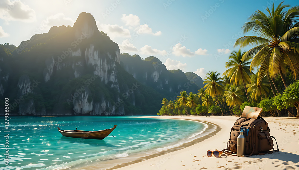 Naklejka premium Breathtaking Tropical Beach with Wooden Boat Scenic, Beach with Turquoise Water and White Sand
