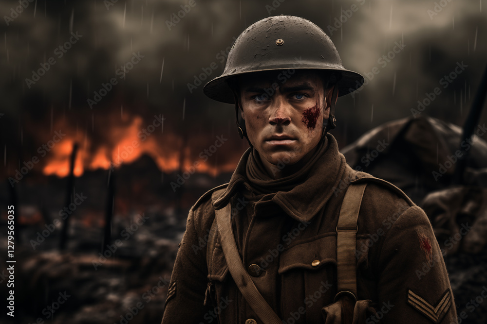 WW1 Soldier - First World War Military Portrait, Historical Army Uniform, Helmet & Rifle - Trench Warfare, History, Courage & Sacrifice. History book.
WW1 Soldier - First World War Military Portrait, Historical Army Uniform, Helmet & Rifle - Trench Warfare, History, Courage & Sacrifice. History book.
