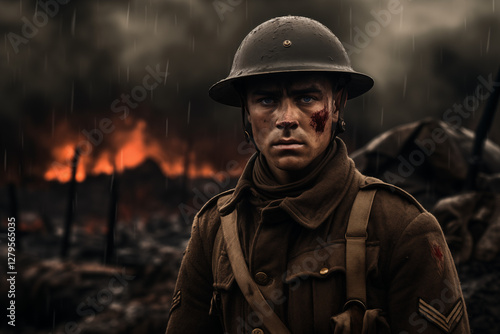 WW1 Soldier - First World War Military Portrait, Historical Army Uniform, Helmet & Rifle - Trench Warfare, History, Courage & Sacrifice. History book.

