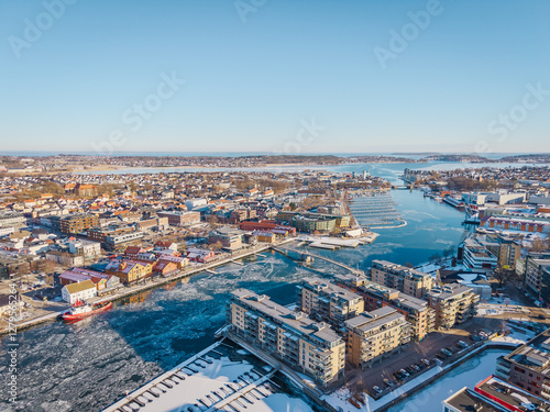 Aerial Winter View of Tønsberg, Norway – Frozen Harbor and Coastal Cityscape photo