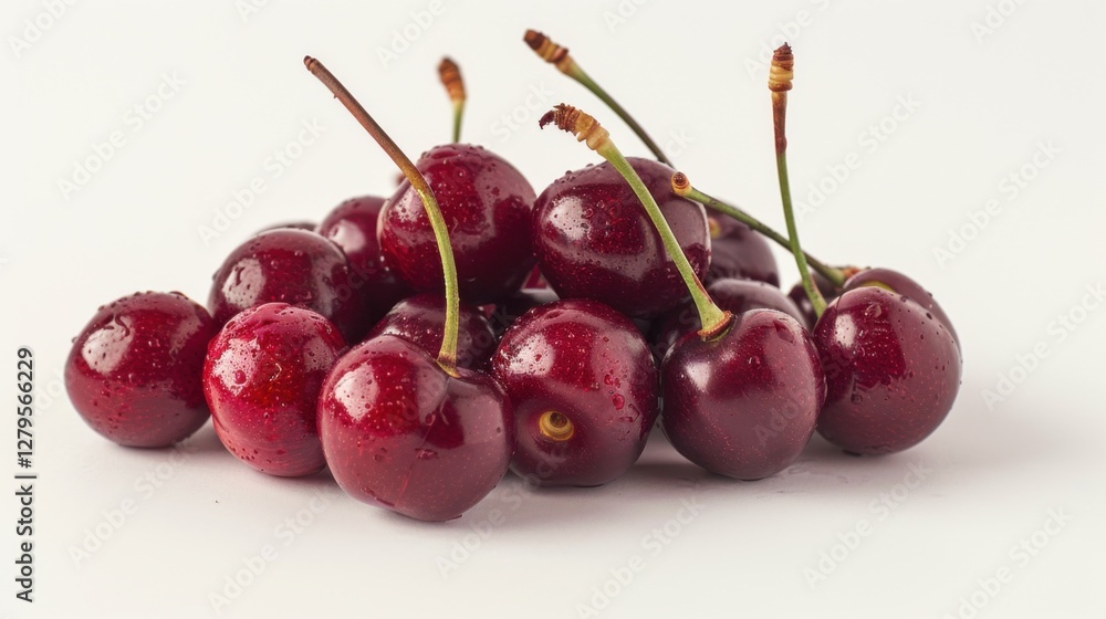 A cluster of ripe and juicy cherries with their deep red color, isolated on a pristine white background A cluster of ripe and juicy cherries with their deep red color, isolated on a pristine white background